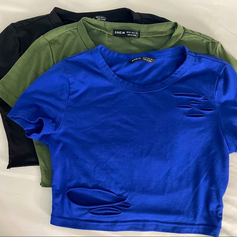 SHEIN solid color ripped crop tops
